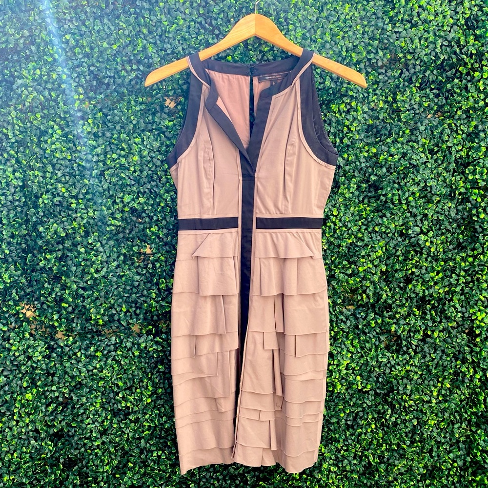BCBGMaxazria layered ruffle black and gray dress